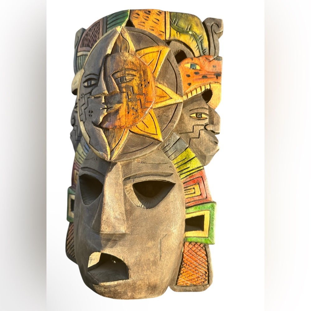 Aztec Wooden Art Mask Art The Sun / Moon Faces 12x9 Handmade Preowned Colorful